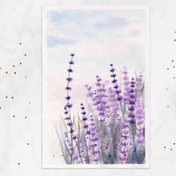 Lavender painting Sunset field Lavender field painting Meadow Original watercolor Painted postcard 4x6