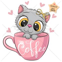Cute Cartoon Kitten PNG, Cup, clipart, Sublimation Design, British Kitty, print, clip art