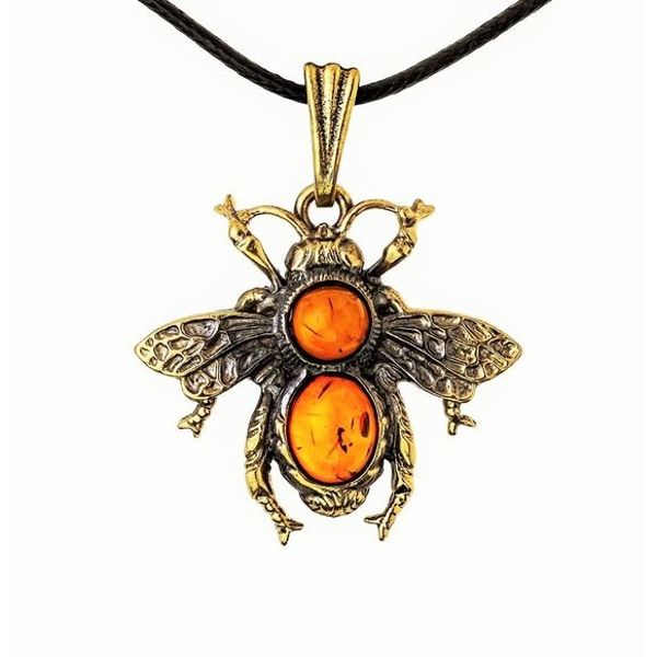 Bee necklace Insect jewelry Amber Bee jewelry Pendant Gold Antique metal Brass on a cord Vintage Style Handmade Summer jewelry gift for her women daughter girlf