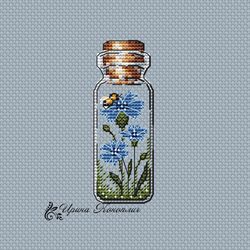 cornflowers cross stitch pattern, bottle cross stitch pattern, jar, summer, flowers cross stitch pattern in pdf