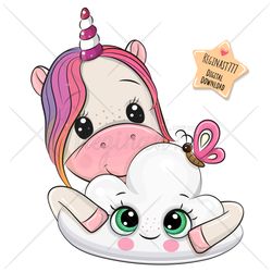 cute cartoon unicorn png, clipart, cloud, sublimation design, children printable, clip art