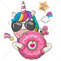 cute cartoon unicorn png, clipart, donut, sublimation design, glasses, children printable, clip art