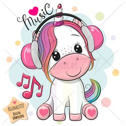Cute Cartoon Unicorn PNG, clipart, Sublimation Design, Cool, Print, clip art, Headphones, Music, Pink