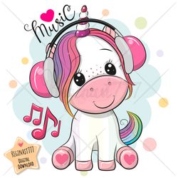 cute cartoon unicorn png, clipart, sublimation design, cool, print, clip art, headphones, music, pink