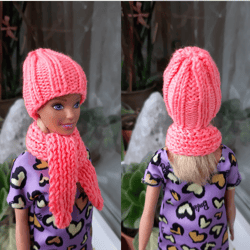 Clothes for doll set: Pink hat and scarf for doll 11.5 inch, Spring doll clothes 1/6 scale, Fashion doll outfit