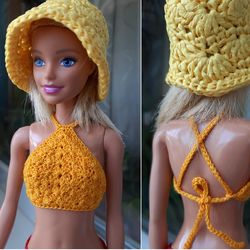 Doll clothes - Sun yellow doll crop top. Crochet top for doll 11.5 inch. Halter Bra Top 1/6. Fashion crop top for doll