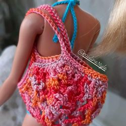 Orange Miniature String Bag for doll. Dollhouse Accessories 1:6 scale doll. Tiny Retro Net Bag. Beach Bag for Dolls