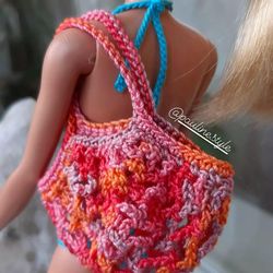 orange miniature string bag for doll. dollhouse accessories 1:6 scale doll. tiny retro net bag. beach bag for dolls