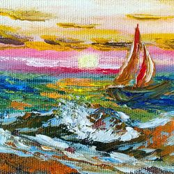 seascape with boat art nautical painting picture seashore painting 5*7 inch sunset at sea art
