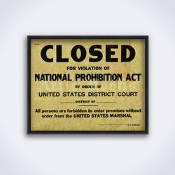 Prohibition Closed sign 1920s bar bootlegger printable art print poster Digital Download