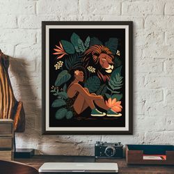Black woman with lion among tropical leaves and flowers printable poster, melanin art, african american art, digital