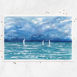 Boats painting Sea painting Seascape original watercolor painting 4x6 Painted postcard