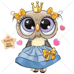 Cute Cartoon Owl Princess PNG, clipart, Sublimation Design, Adorable, Print, clip art, Hearts, Pink