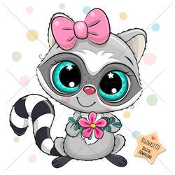 Cute Cartoon Raccoon PNG, clipart, Sublimation Design, Adorable, Print, clip art, Flower, Pink