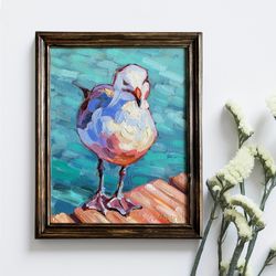 Seagull Painting Original Sea Bird Artwork Oil On Panel Framed