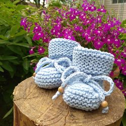 Pregnancy gift, Blue knitted baby booties, Cute newborn shoes, Cotton newborn socks