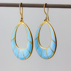 Vintage hoop turquoise earrings Blue enamel dangle earrings Gold teardrop hoops