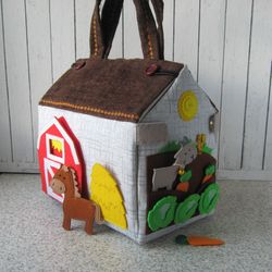 Dollhouse Bag for Travel,  Farm themed Activity toy, Kids Birthday Gift , Fabric doll house bag, Take-Along Doll House