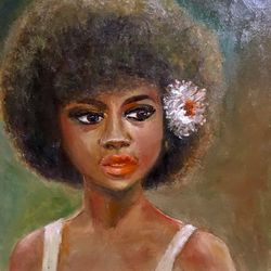 beautiful girl with a white flower in her hair  original art oil painting 8*8 inch african women american lady