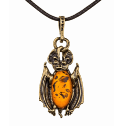 Amber Bat Necklace Halloween Jewelry Orange Gold Brass Pendant Animal Necklace Amber jewelry Amulet Necklace Handmade