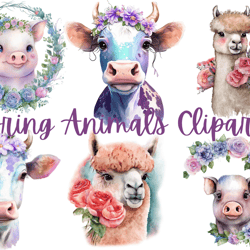 spring animals clipart,animals with flowers,png format instant download for commercial use,alpaca,pig,cow