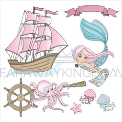 mermaid ship cruise travel tropical vector illustration set