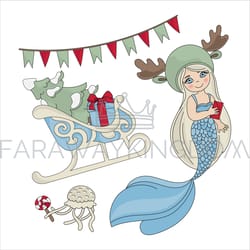 mermaid sled cartoon merry christmas vector illustration set