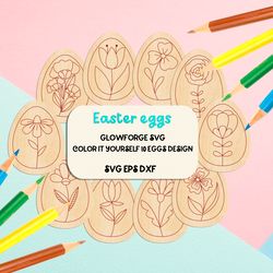Easter eggs ornament coloring kit. Glowforge SVG file. Designs for SCORING and ENGRAVING