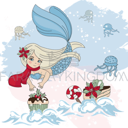 mermaid sweet merry christmas cartoon vector illustration set