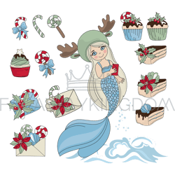 mermaid sweet set merry christmas clip art vector illustration