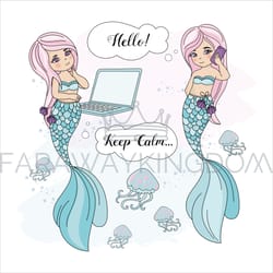 mermaid talk cartoon underwater girl vector illustration set