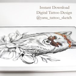 Fox Tattoo Sketch for Females Fox Tattoo Design for Woman Fox and Flowers Tattoo Sketch, Instant download PDF, JPG, PNG