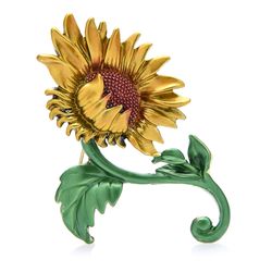 Sunflower brooch, Enamel yellow flower pin, Floral jewelry