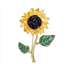 Sunflower with leaves brooch, Enamel yellow flower pin, Floral jewelry
