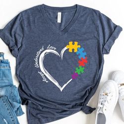 Autism V-Neck Shirt, Accept Understand Love Shirt, Autism Awareness T-Shirt, Puzzle Piece Shirt - T117