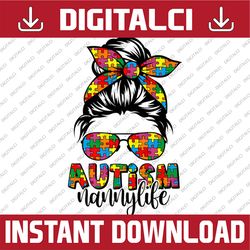 messy bun bandana nanny support autism awareness png sublimation design