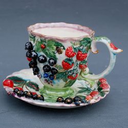 Art tea set Berries flowers Handmade botanical porcelain mug and a saucer raspberries, cherry currant, Decorative set