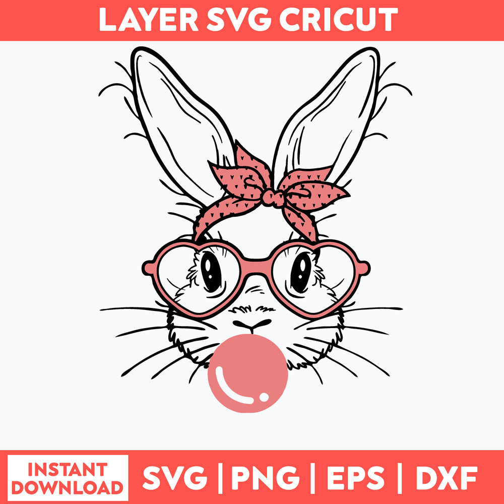Cute Bunny Rabbit With Bandana Glasses Bubblegum Svg, Rabbit Svg, Png Dxf Eps File.jpg