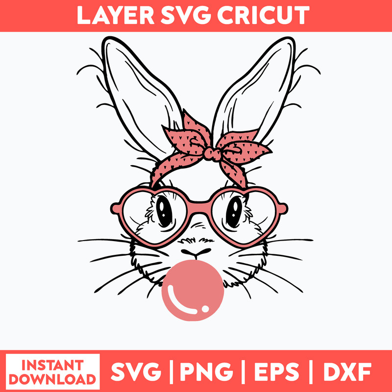 Cute Bunny Rabbit With Bandana Glasses Bubblegum Svg, Rabbit Svg, Png Dxf Eps File.jpg