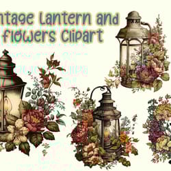 vintage lantern and flowers clipart, vintage lantern, floral png