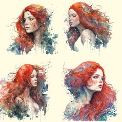 04 Files Of Mermaid Red Hair Watercolor, Mermaid Png