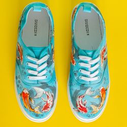 Koi fish Custom Sneakers, Hand Painted turquoise Canvas Shoes, Personalized Gift for women