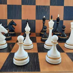 Beautiful plastic Soviet chess pieces set black white gold rimmed figures