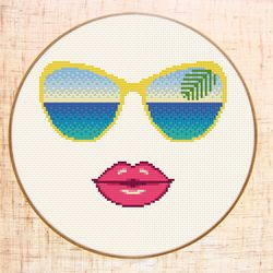 Summer cross stitch pattern Modern cross stitch PDF Cool Girl cross stitch Glasses Lips cross stitch Sea Beach