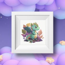 Cute Emerald baby dragon symbol of 2024 New year cross stitch digital printable A4 PDF pattern for home decor and gift