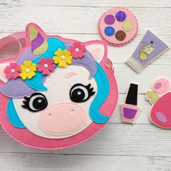 Felt bag and cosmetics set pattern, PDF sewing pattern ideas for girl, Felt makeup game tutorial, Quiet book pattern,