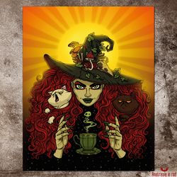 Witch and cats witchy art print. Gothic home decor. Witchy poster. Dark art wall decor. Spooky room decor