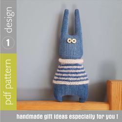 denim bunny doll  pattern pdf and tutorial, rabbit sewing pattern, striped sweater knitted pattern, stuffed animal diy