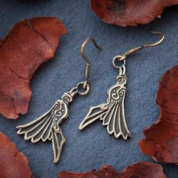 Norse Raven earrings. Ethnic bird jewelry in viking style. Crow handcrafted accessory. Pagan present for her.  Asatru