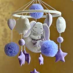 rabbit baby mobile girl, felt mobile crib, handmade mobile bebe, nursery decor, nursery mobile, baby shower gift
